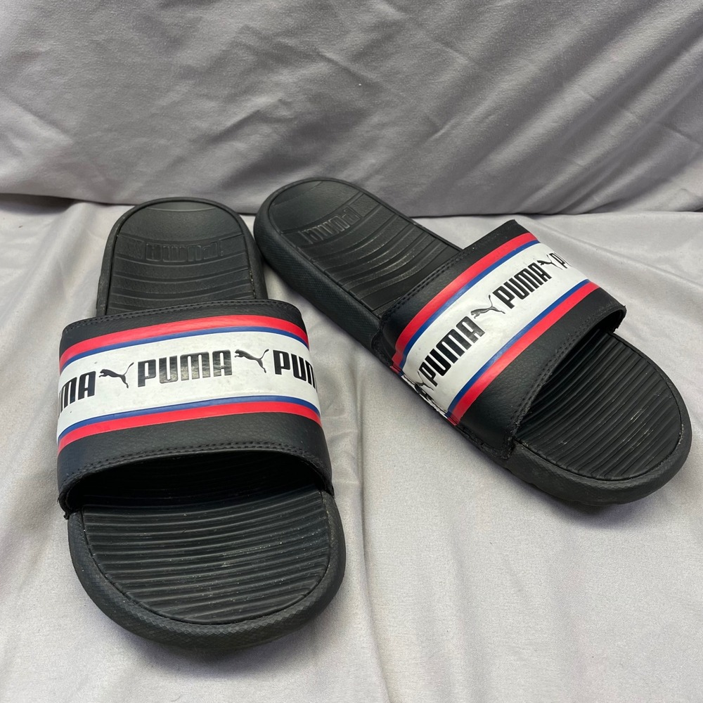 Puma‎ Cool Cat Mens Slides Black Red White Blue Logo Sandals US 11